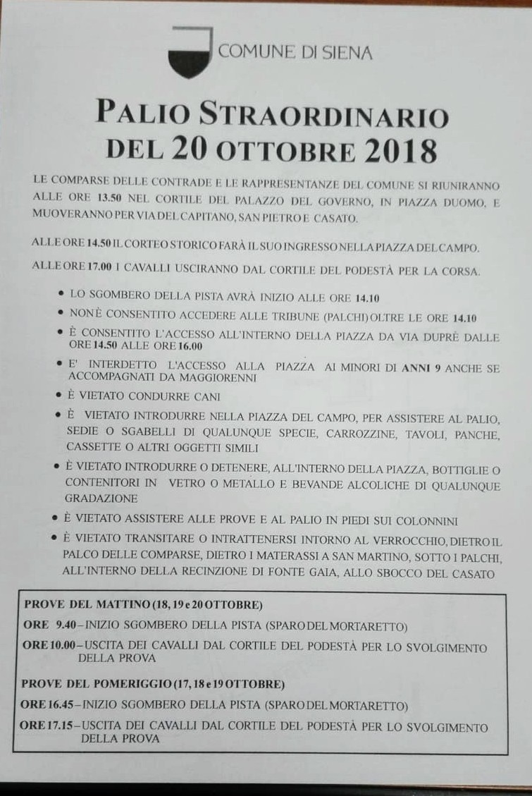 Palio di Siena, Palio Straordinario: Tutti gli orari del Palio dal 17/10 al 20/10