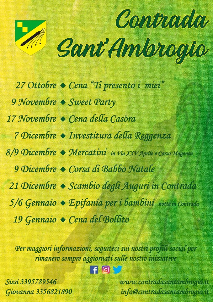 Palio di Legnano, Contrada Sanr’Ambrogio: Gli eventi dal 27/10/2018 al 19/01/2019