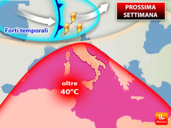 Italia, Meteo: PROSSIMA SETTIMANA, Italia ancora divisa, tra Forti Temporali e Caldo Africano oltre 40°C. I dettagli