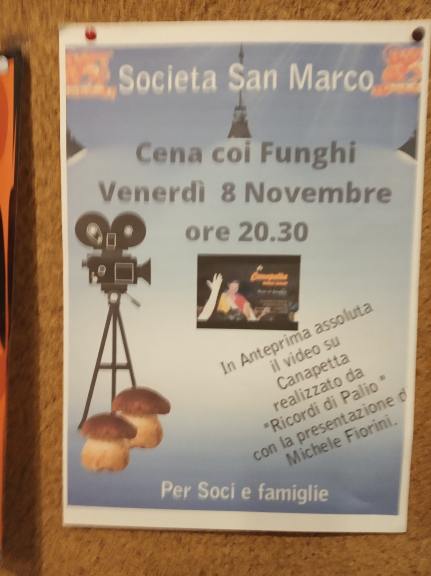 Siena, Società San Marco:  Oggi 08/11 Cena coi Funghi e anteptima assoluta del documentario “Canapetta Occhi di Ghiaccio”