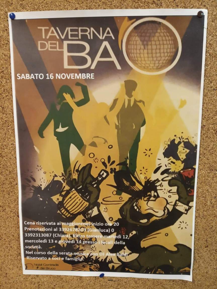 Siena, Contrada del Bruco: Domani 16/11 “Taverna del Ba’o”