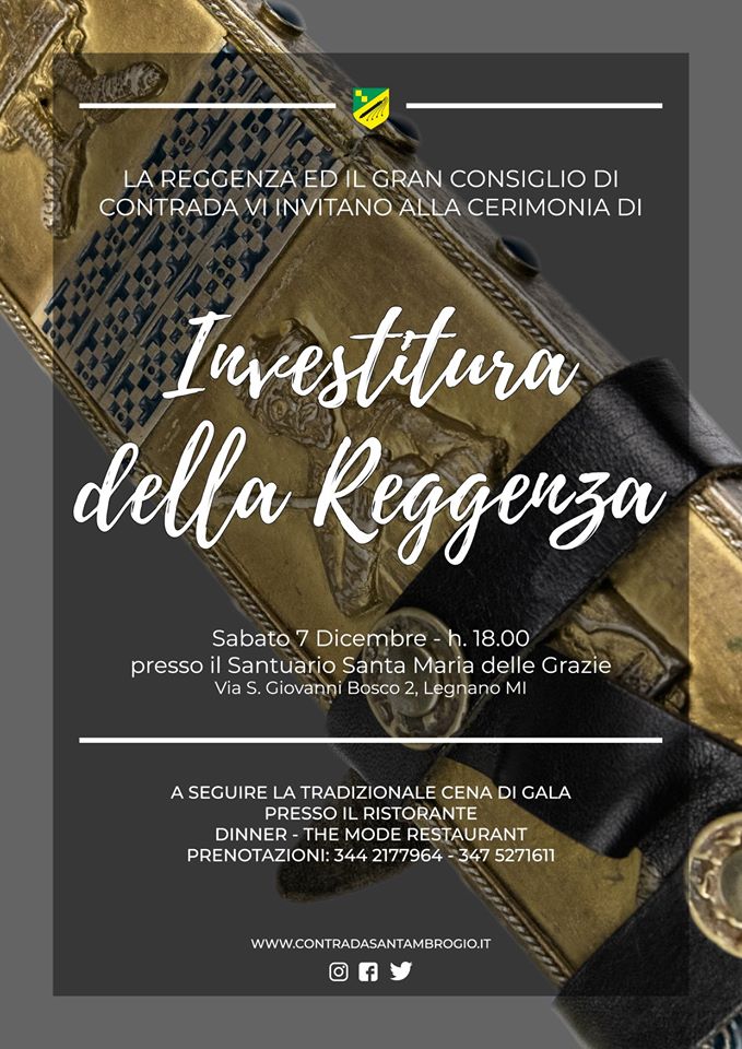 Palio di Legnano, Contrada Sant’Ambrogio: 07/12 “Investitura Reggenza” a seguire Cena di Gala