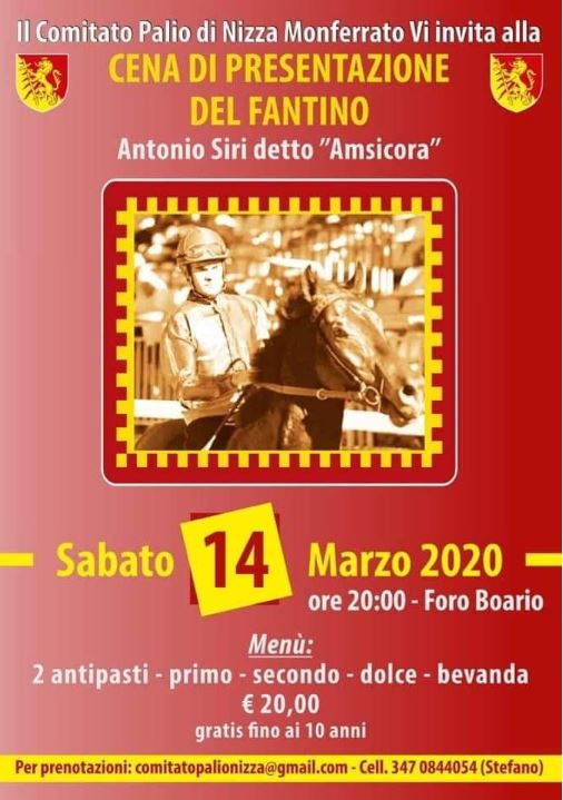 Palio di Asti, Comitato Palio Nizza Monferrato: 14/03 Presentazione fantino Antonio Siri detto “Amsicora”
