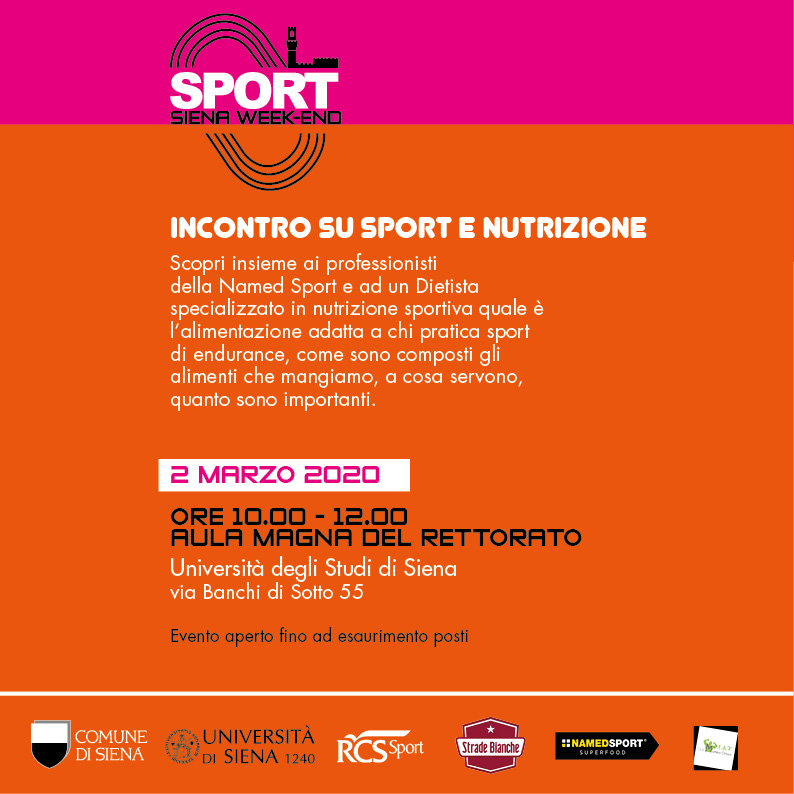 Siena: 02/03 Orario 10.00-12.00 Incontro su sport e nutrizione