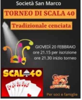 Siena, Società San Marco:  Oggi 20/02 Torneo di scala 40 & tradizionale Cenciata