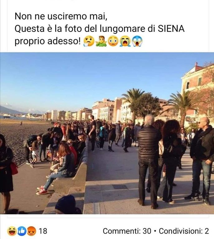 Siena: Questa è la foto del lungomare di Siena” ma a Siena non c’è il mare e la gente si indigna lo stesso