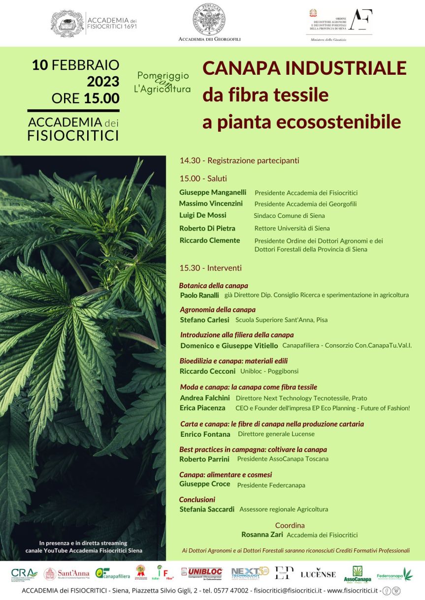 Siena, “Canapa industriale: Da fibra tessile a pianta ecosostenibile”, convegno all’Accademia dei Fisiocritici