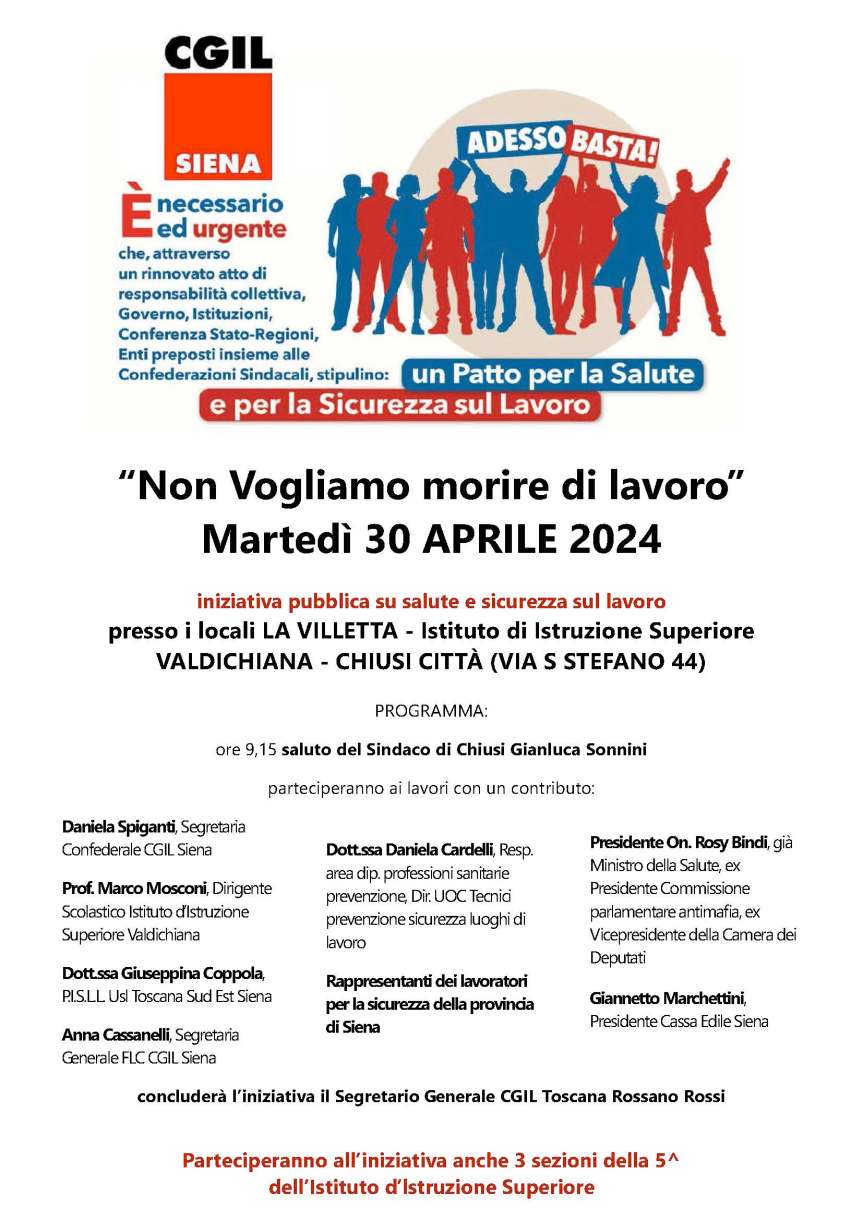 Provincia di Siena, Martedì 30/04 a Chiusi l’iniziativa targata Cgil: “Non vogliamo morire di lavoro”