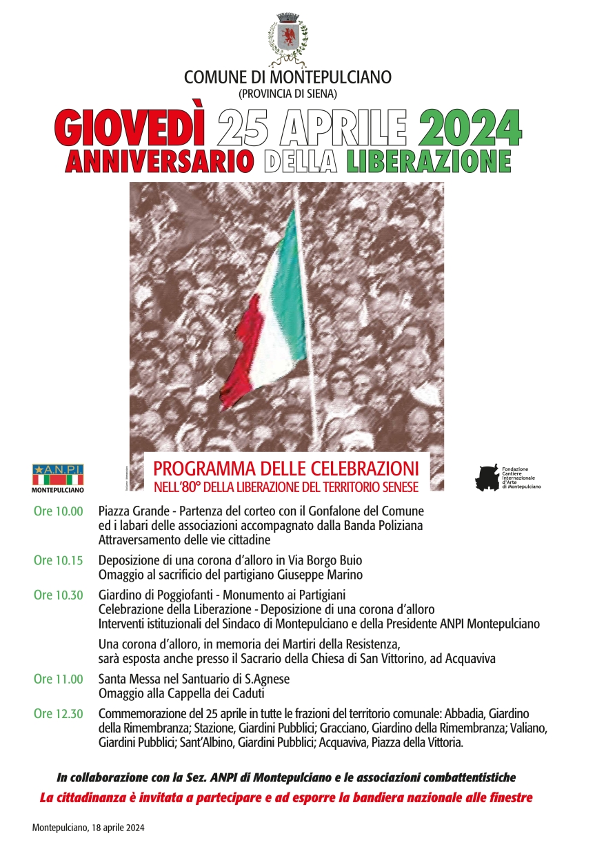 Provincia di Siena: 25 aprile, Montepulciano manifesta in occasione dell’80° dalla Liberazione